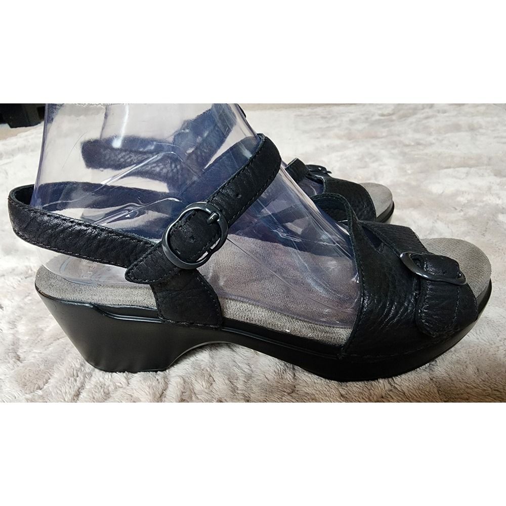 Dansko Black Pebbled Leather Wedge Sandals Strappy Slingback Buckle Shoes Eu 40